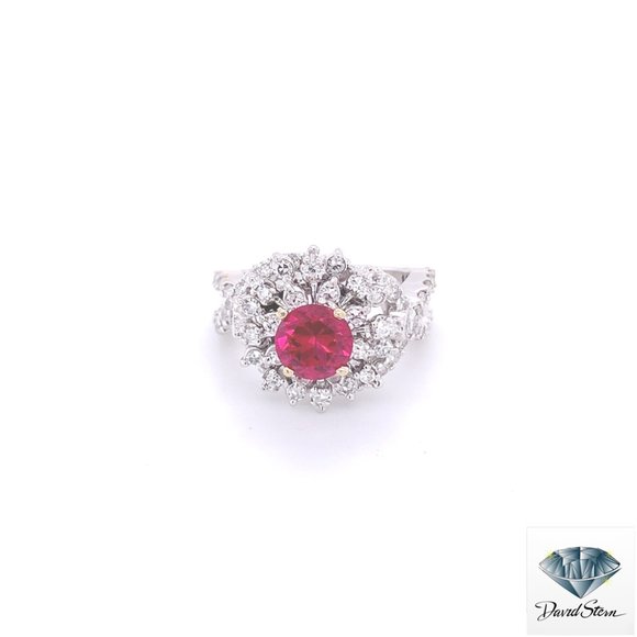 1.00 CT Round Chatham Ruby Faceted Cluster Ring in 14kt White Gold - Picture 1 of 3